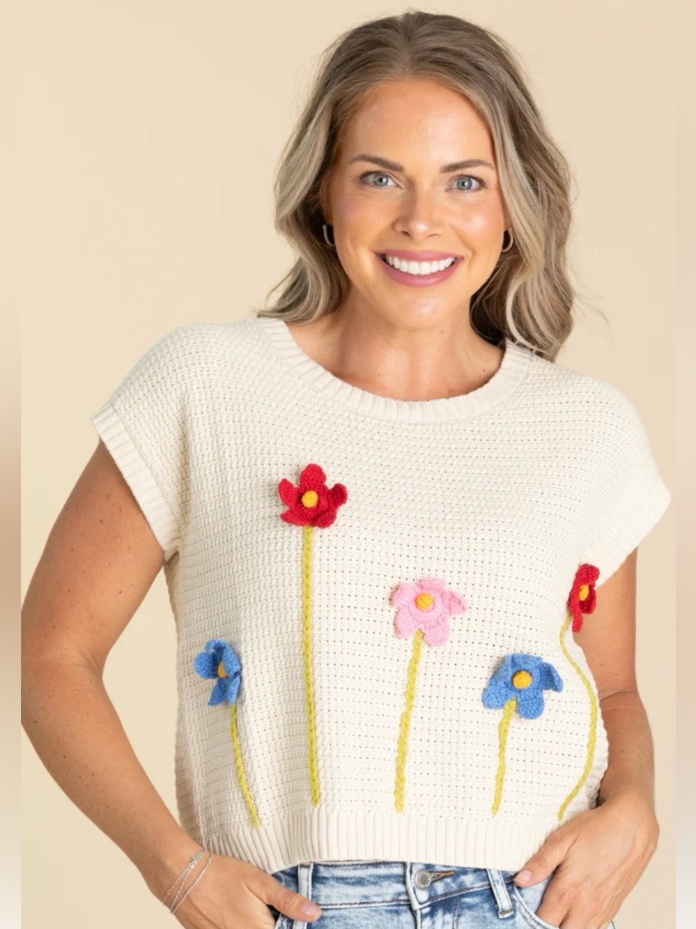 Blu Pepper Cream Knit Sweater with Colorful Floral Appliqués